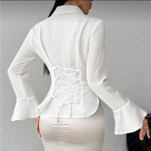 Elegant White Lace-Up Bell Sleeve Top Blouse Button Down Up Shirt